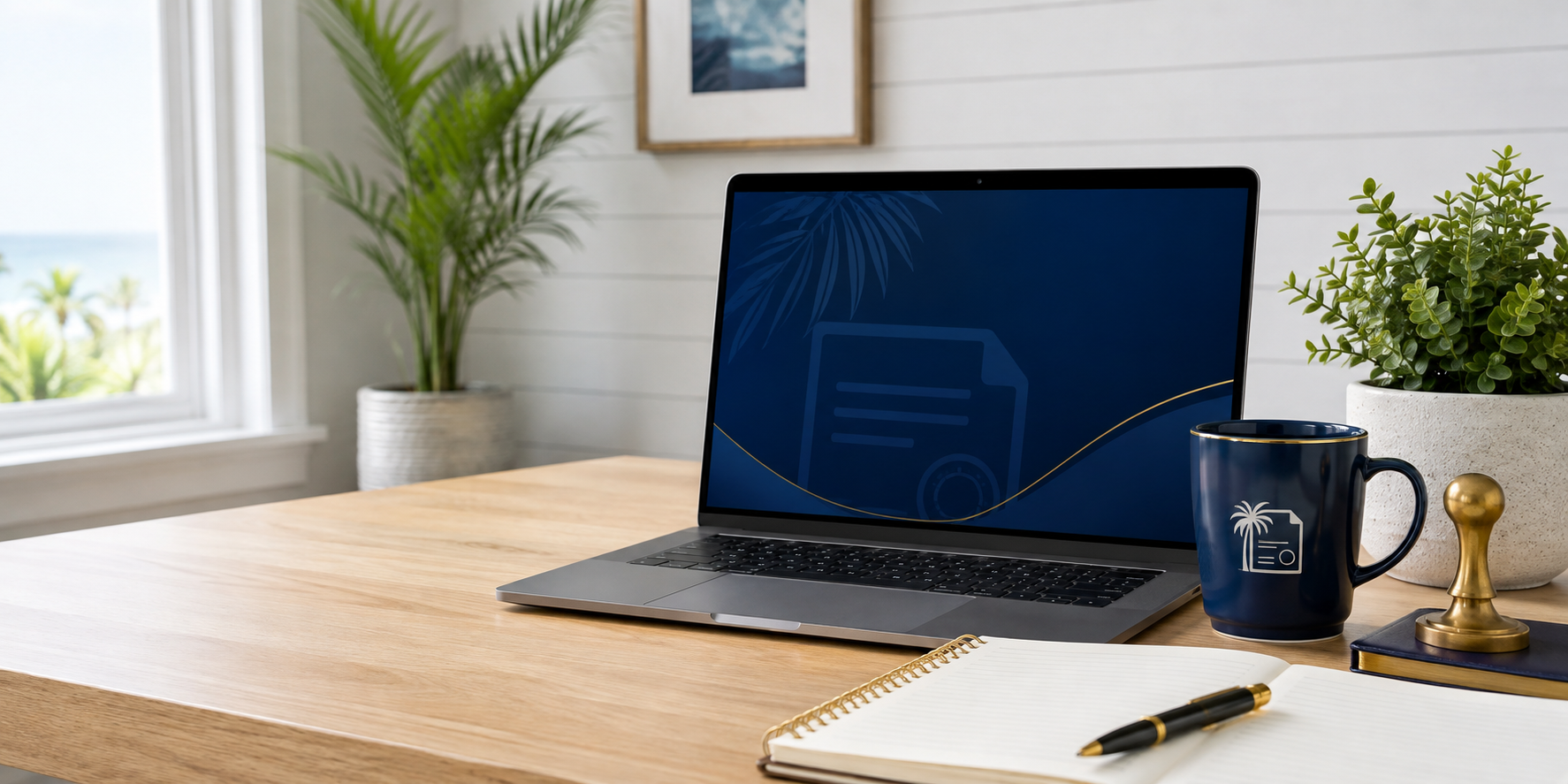 Professional notary training workspace with laptop, notebook, and notary stamp